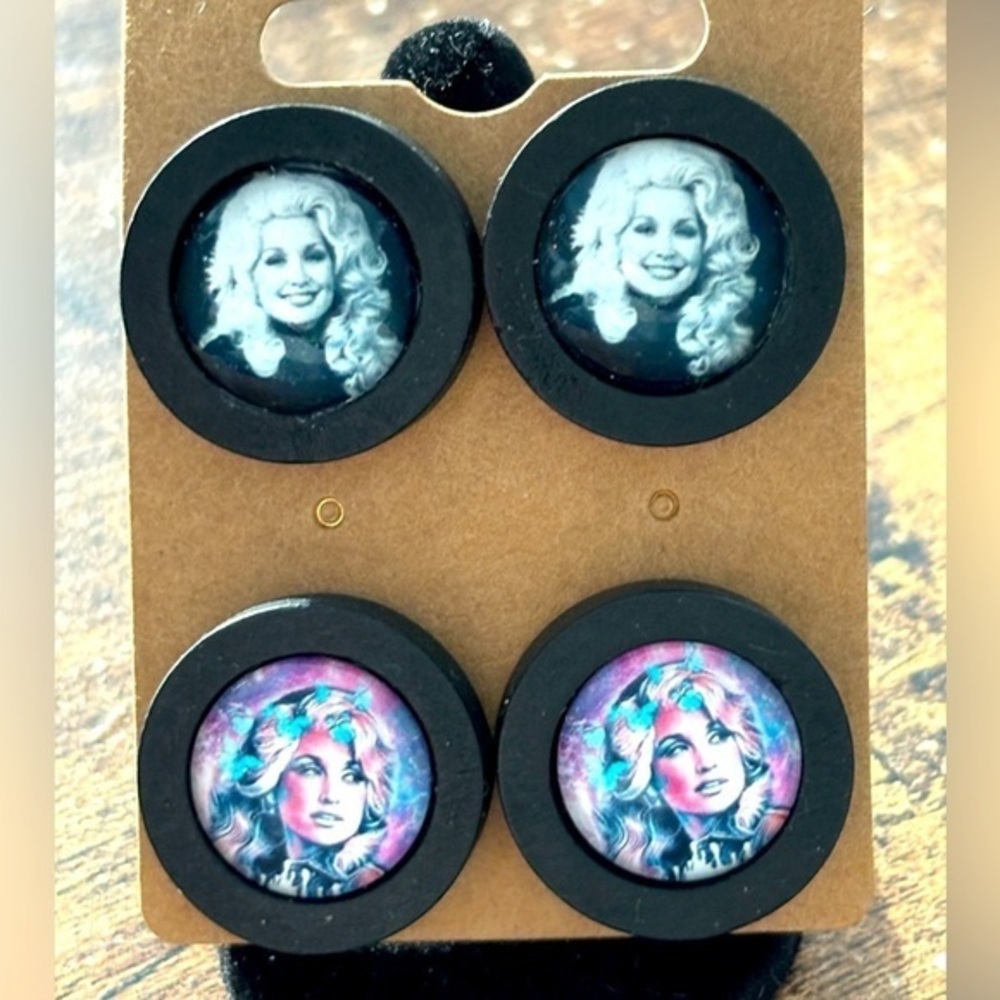 2 Pairs Dolly Parton Wood Stud Earrings, NWT, Unworn, Handmade